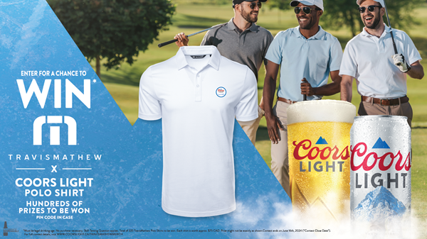 Enter for a Chance to Win Travis Mathew x Coors Light Polo Shirt. Hundreds of prizes to be won. Pin code in case. 